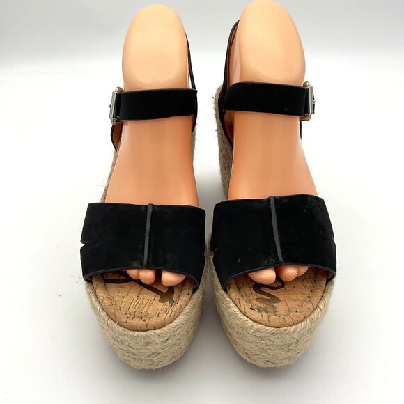 Sam Edelman Maura Espadrille Black Wedge Sandals Jute Trim Suede Upper 8M - Picture 1 of 10